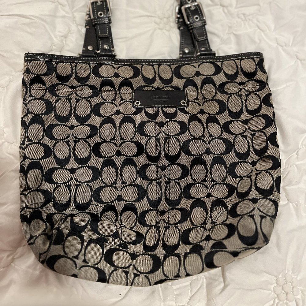 Authentic Coach Signature Black and Gray Canvas Shoulder Bag